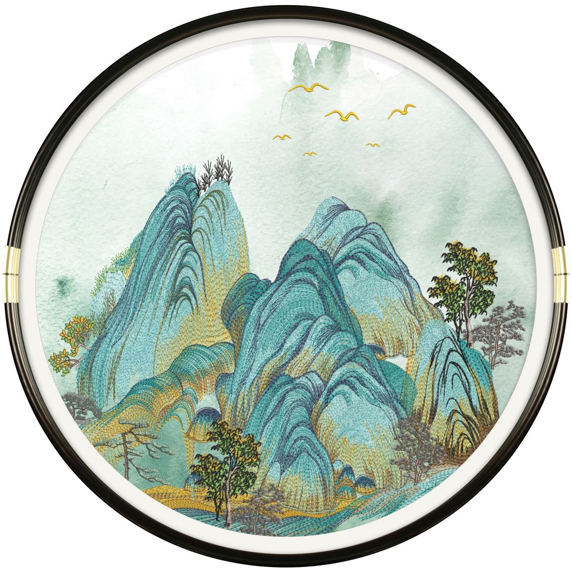 Round Chinese Ink Style Embroidery Wall Art