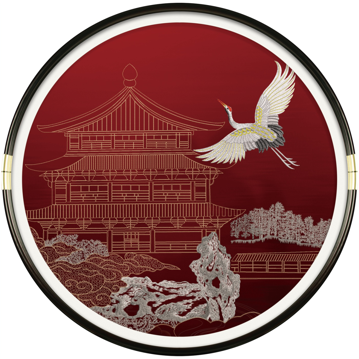 Round Chinese Ink Style Embroidery Wall Art