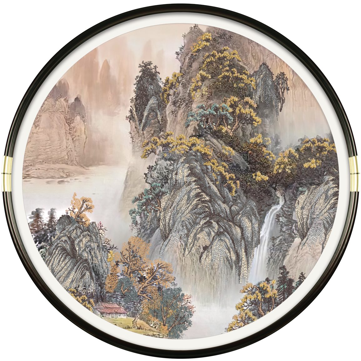 Round Chinese Ink Style Embroidery Wall Art